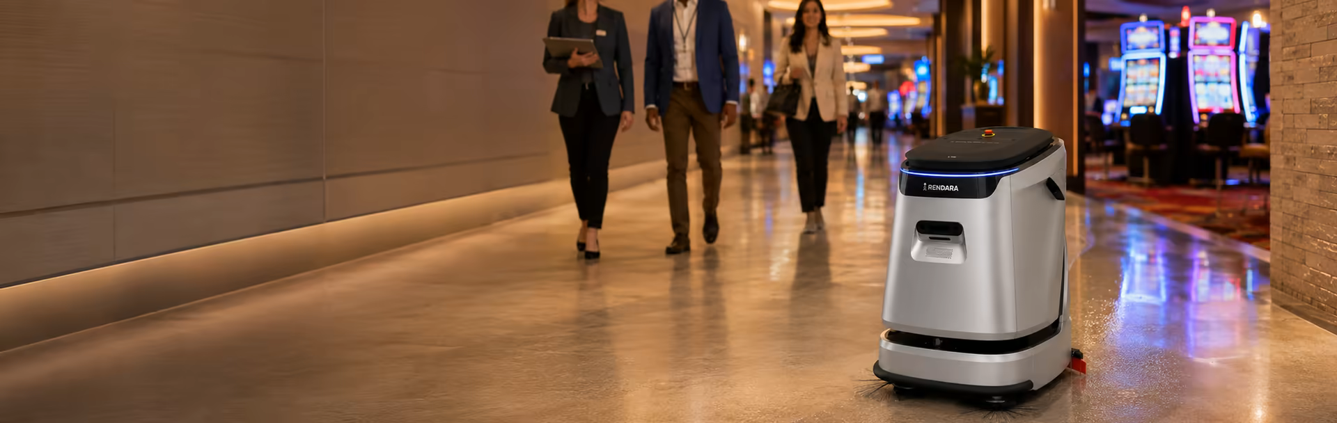 MotoClean C5 scrubbing a casino resort corridor as guests walk past