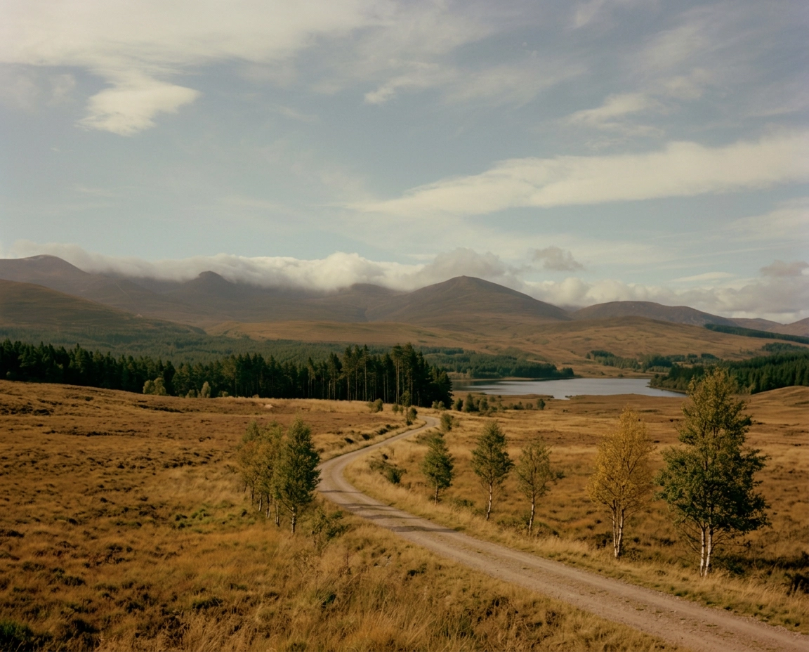Gravel road through open moorland towards distant hills