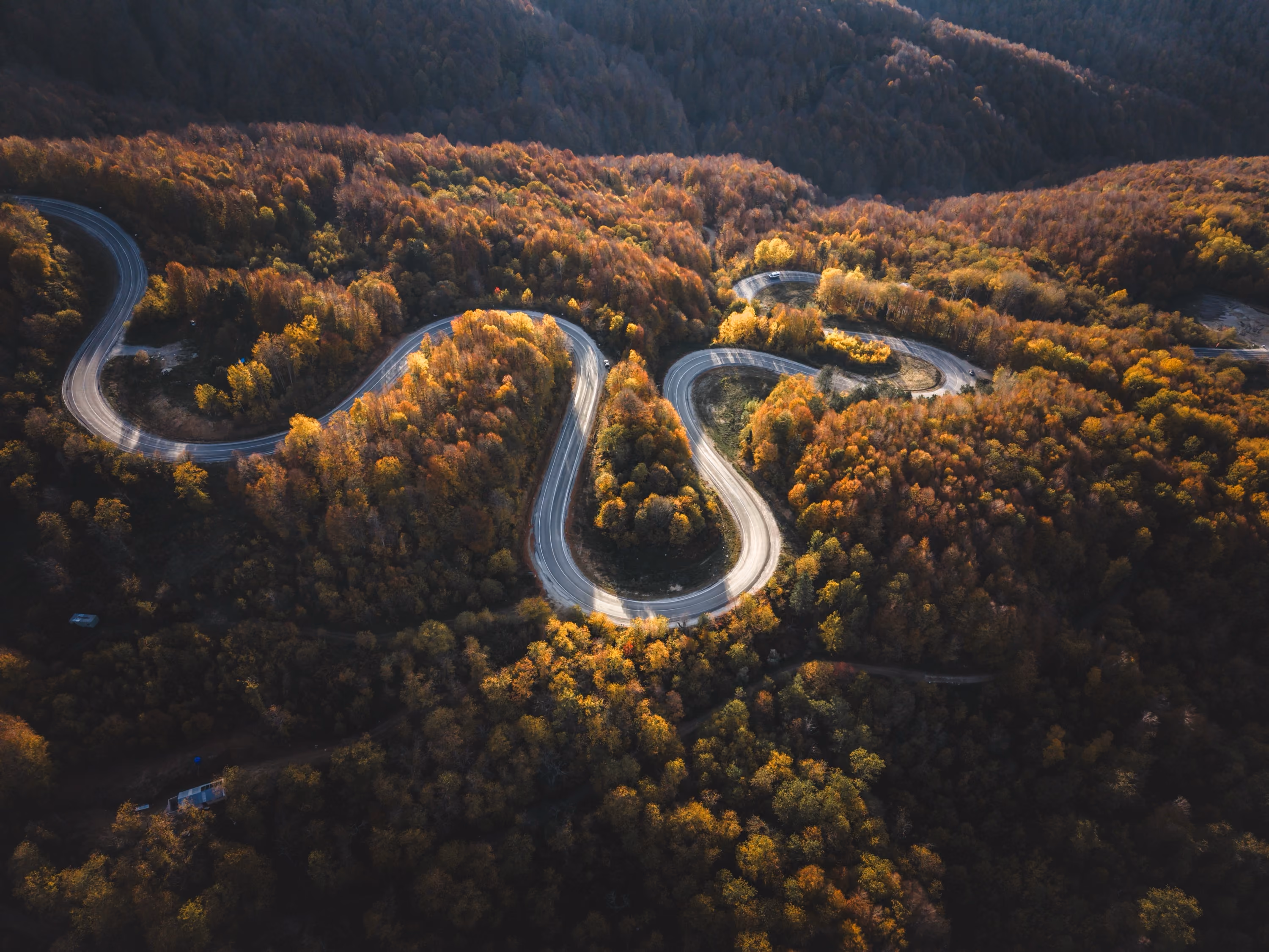 Aerial view of a winding road through autumn forest