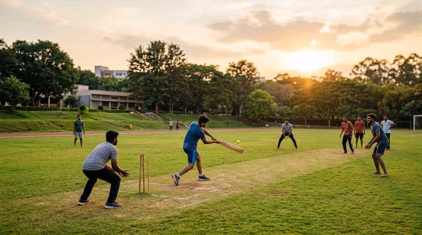 Illustrative scene of a group playing cricket outdoors