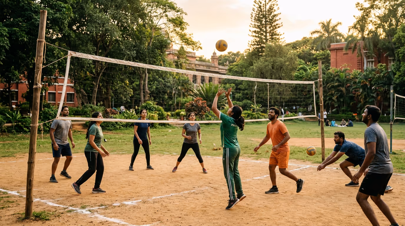 Illustrative scene of a group playing volleyball outdoors
