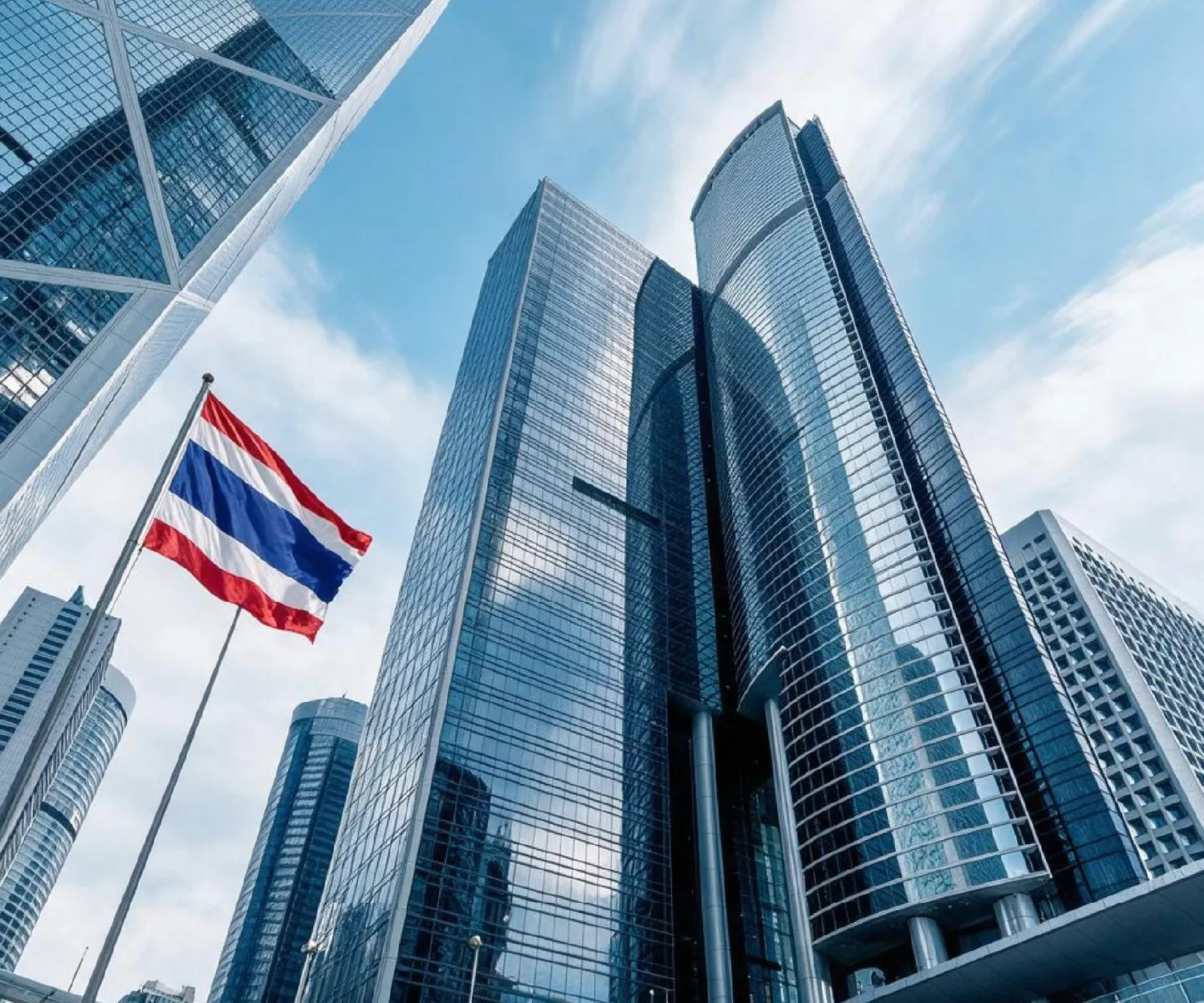Modern skyscrapers with reflective glass facades under a blue sky with clouds and a Thai flag flying on a tall flagpole in the foreground.