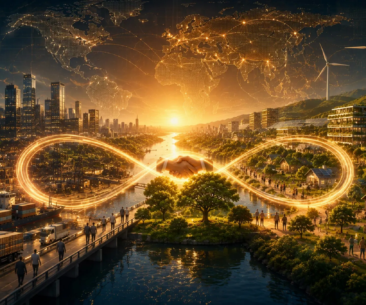 Sunset view over a river dividing a modern city skyline and a green community with houses and wind turbines, connected by a glowing infinity loop encircling two hands shaking in the center, with people walking on nearby bridges and paths, and a digital world map with network lines overlaying the sky.