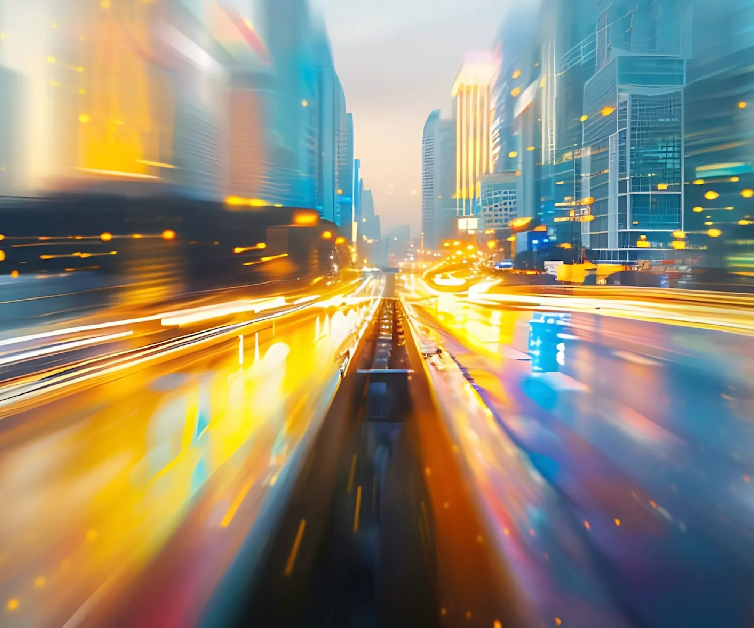 Abstract cityscape at dusk with bright yellow and white light streaks representing fast-moving traffic along a road flanked by modern glass buildings.