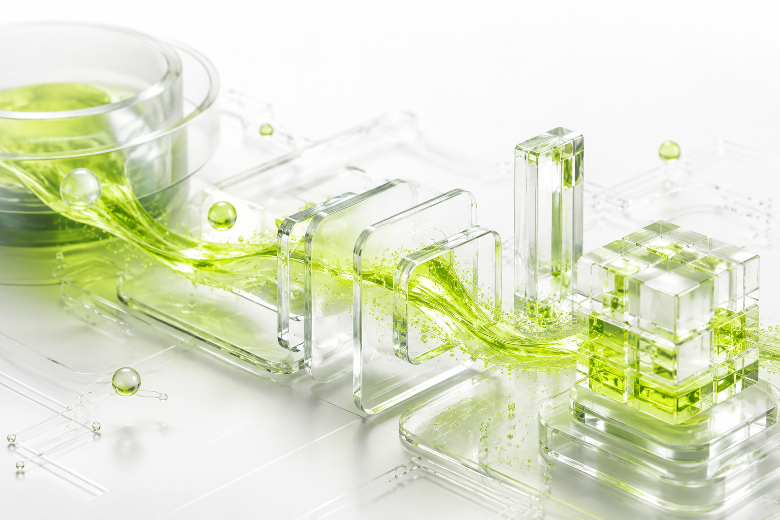 Abstract liquid-glass landscape with lime data particles representing secure data foundations.