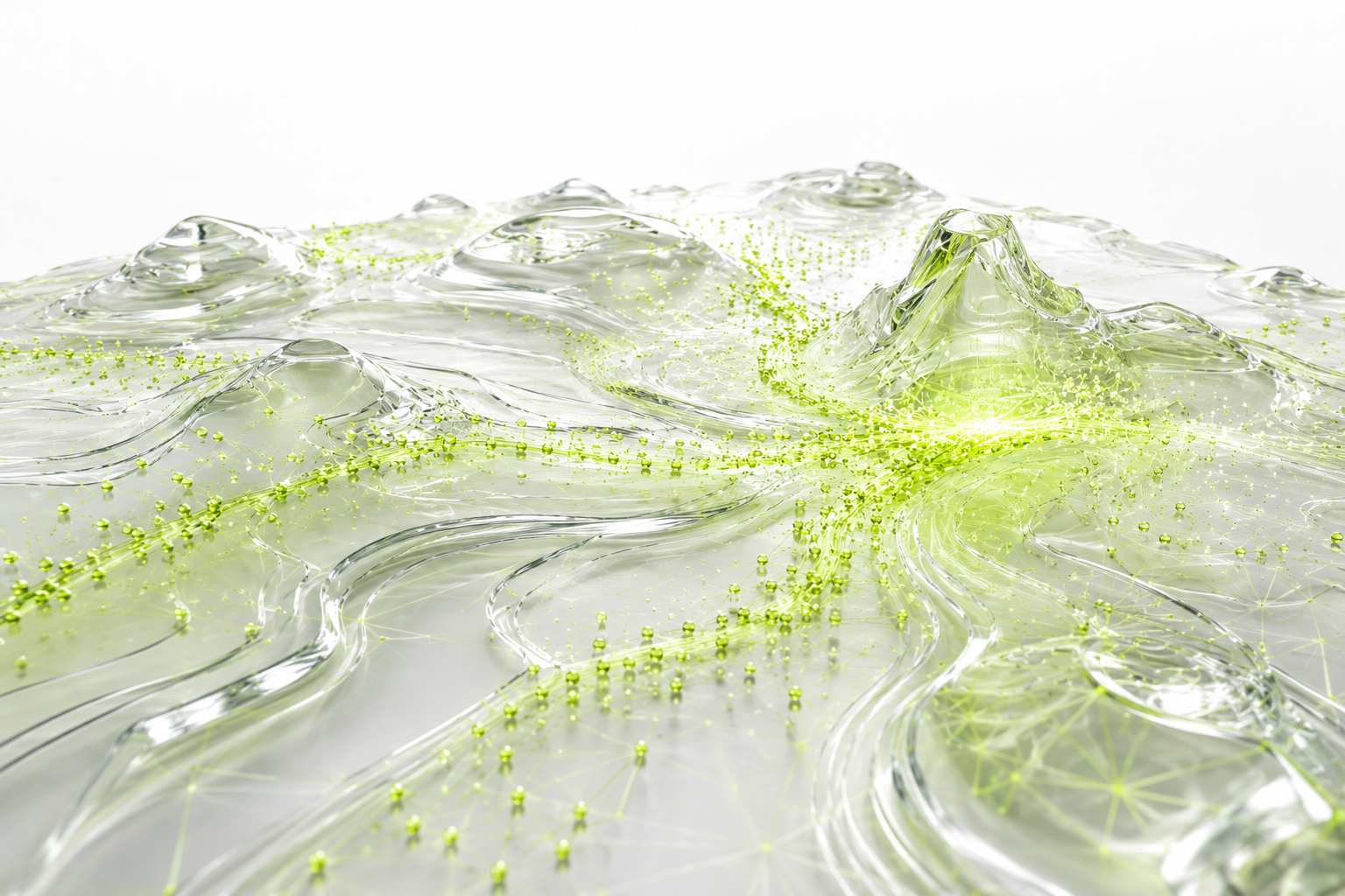 Abstract liquid-glass landscape with lime data particles representing governed data engineering.