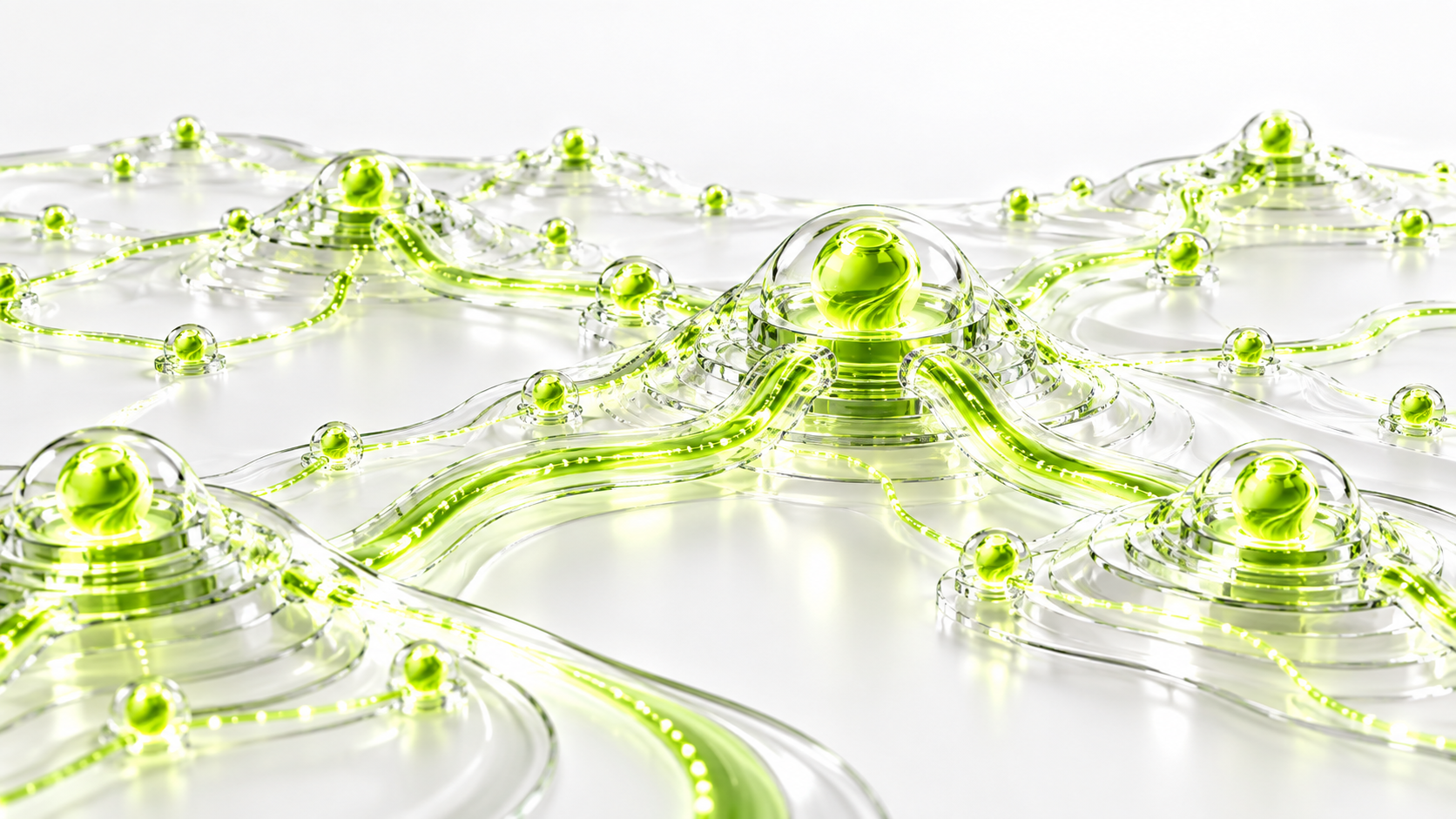 Abstract liquid-glass service network representing mission-critical platform capability.