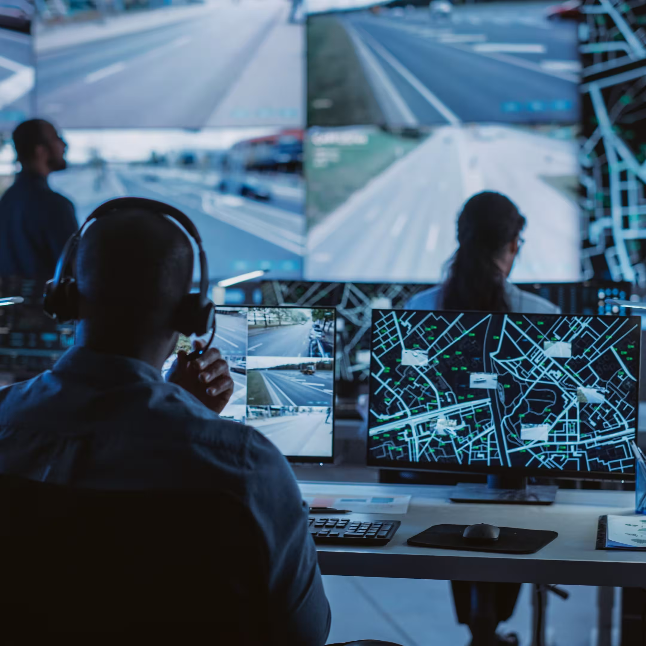 Person monitoring multiple screens in a control room