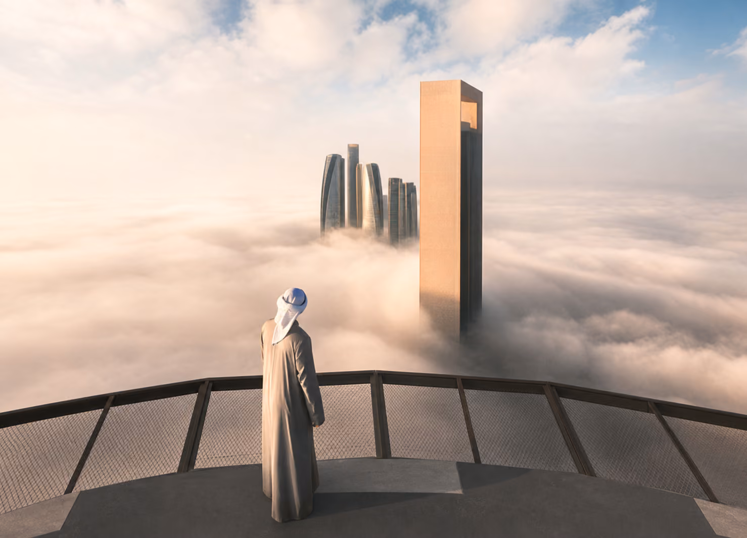 A man standing on a balcony that sits above the clouds, overlooking other skyscrapers piercing the clouds.