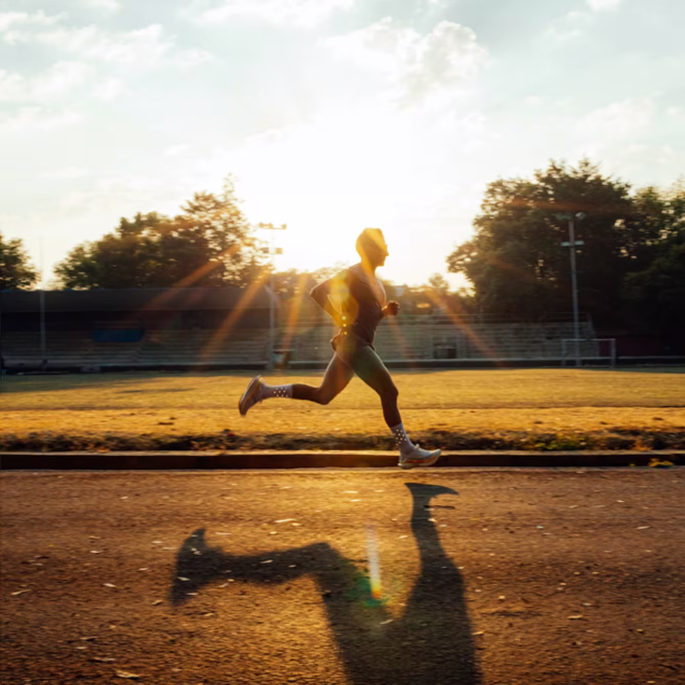 Runner mid-stride on a track at sunset, backlit