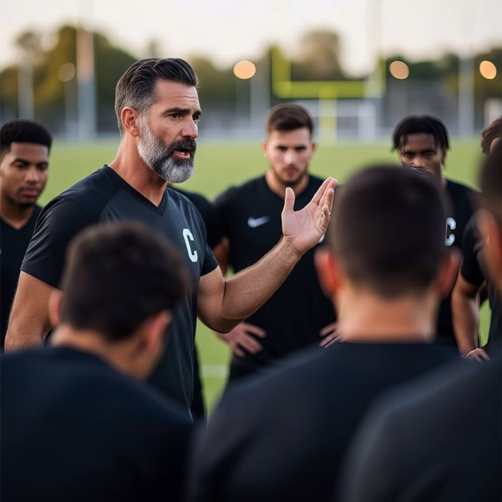 Bearded coach addressing a huddle of young football players