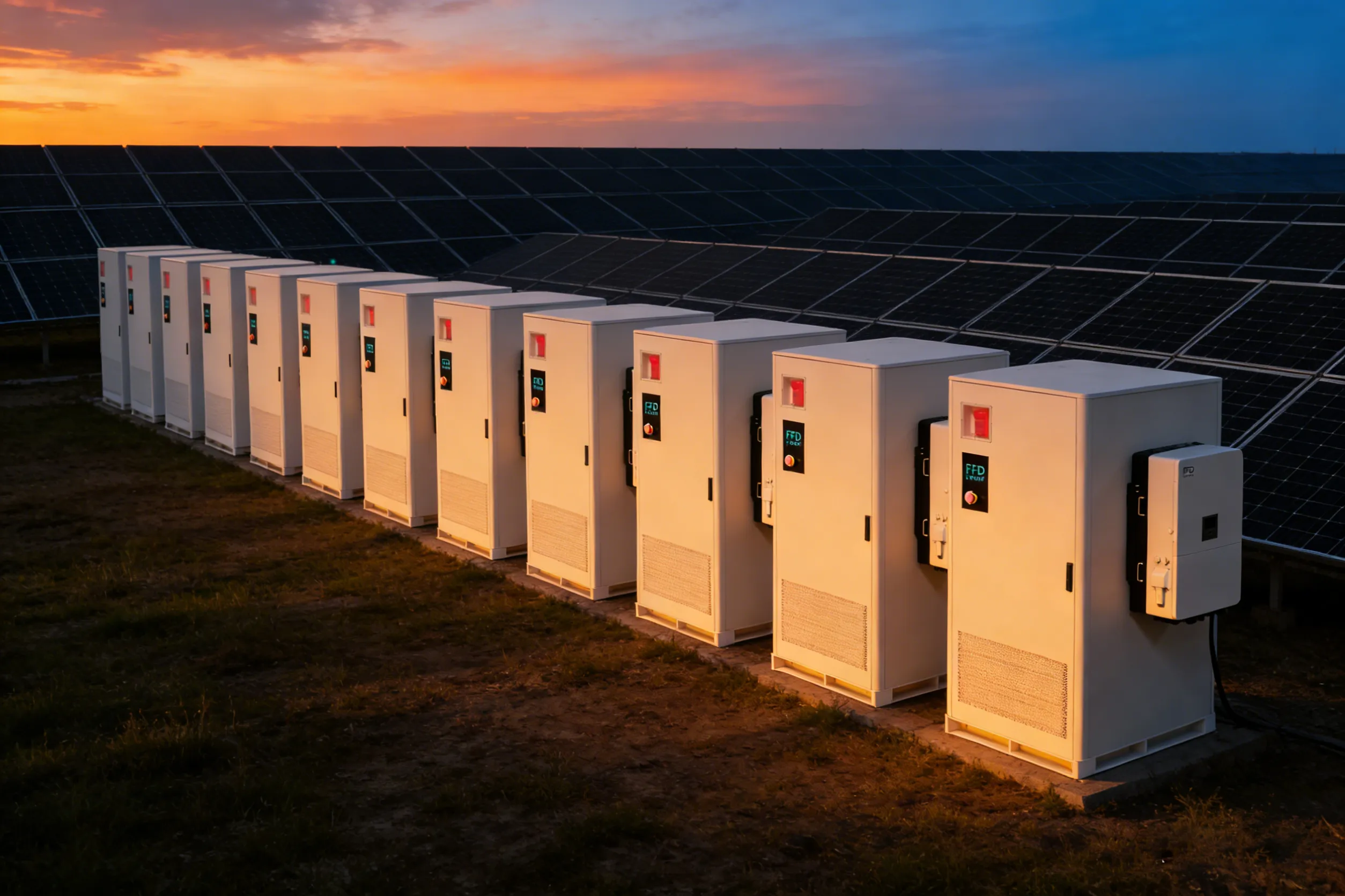 FFD POWER Batterieschränke in einer Reihe mit angeschlossenem Trafo-Skid vor einer Stadtskyline