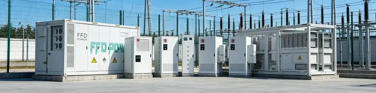 FFD POWER BESS-Container und mehrere Schaltschränke direkt vor einem Umspannwerk mit Freileitungsmasten