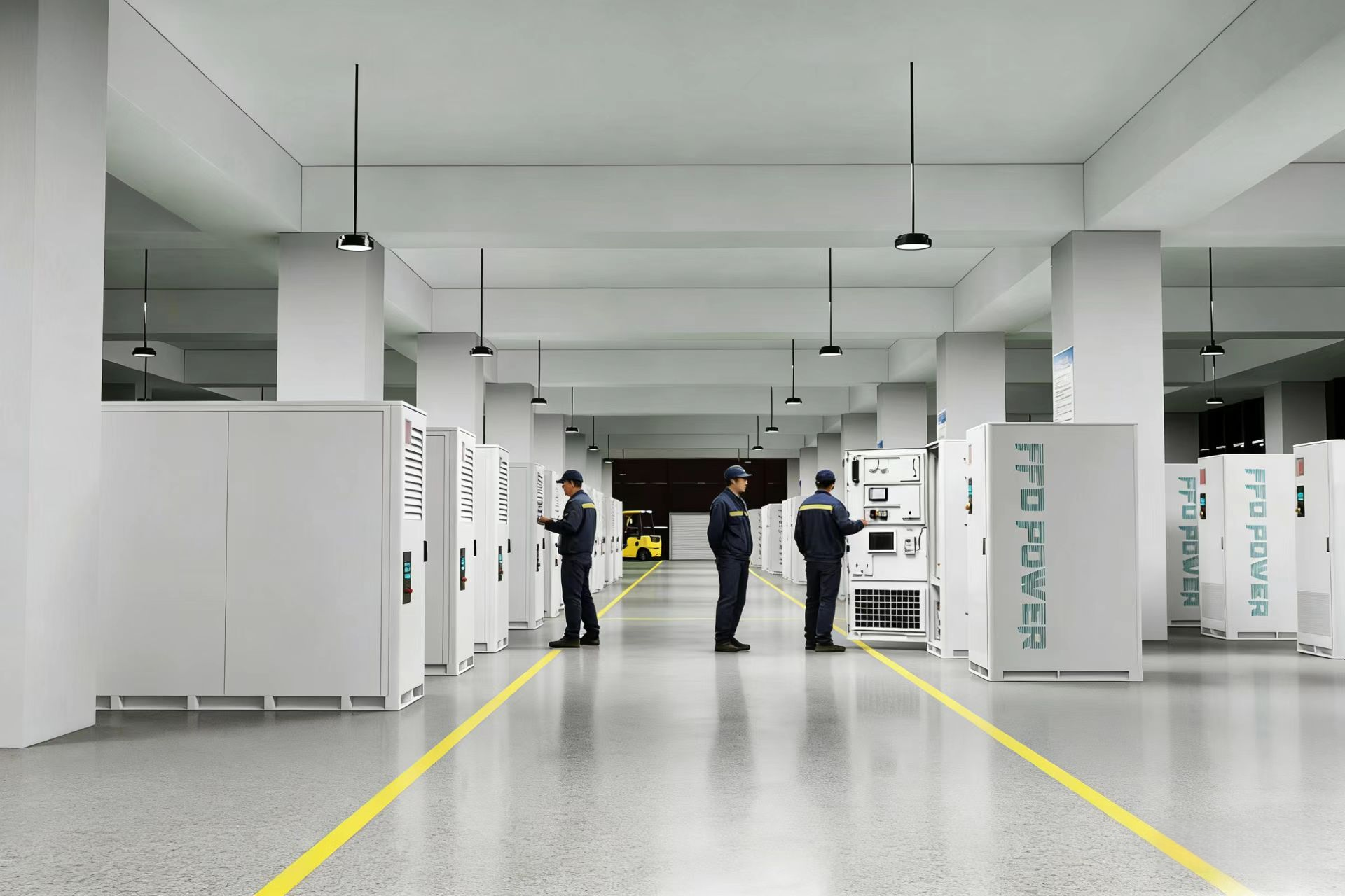 Drei Mitarbeiter in Arbeitskleidung prüfen FFD POWER Batterieschränke in einer Fertigungshalle