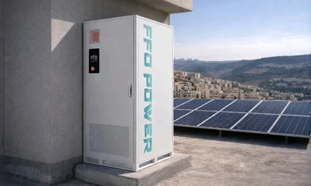 FFD POWER Batterieschrank auf einem Flachdach neben PV-Solarmodulen, im Hintergrund eine Hügelstadt in Israel