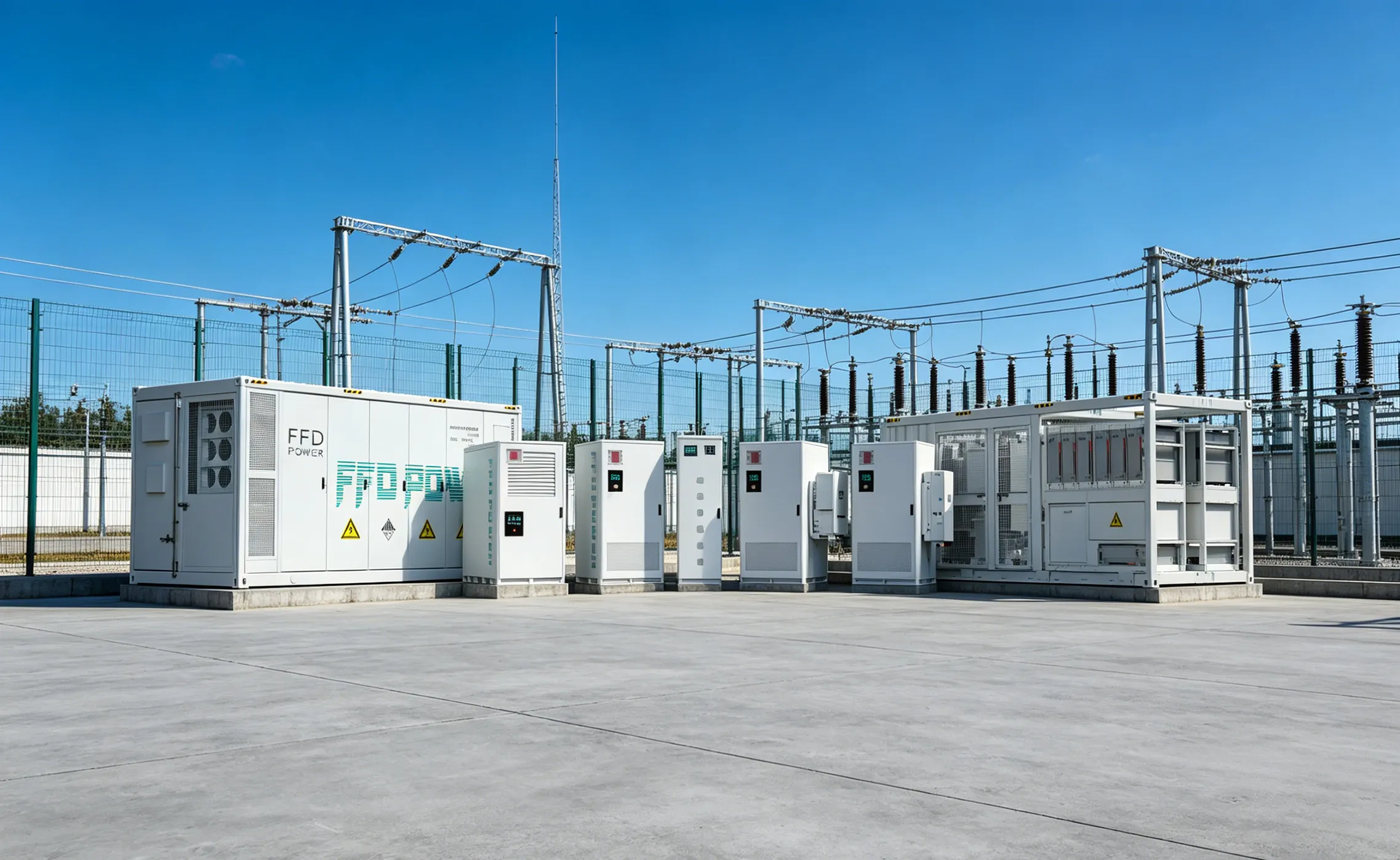 FFD POWER BESS-Container und mehrere Schaltschränke direkt vor einem Umspannwerk mit Freileitungsmasten