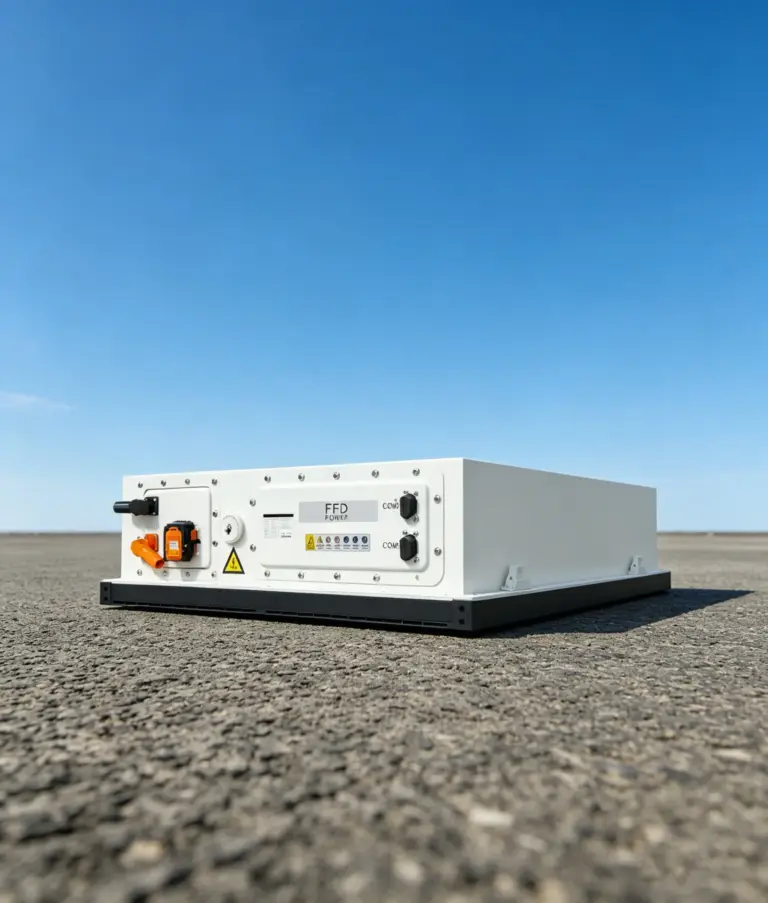 Weißes FFD POWER Batteriemodul im Freien auf einer Asphaltfläche vor blauem Himmel