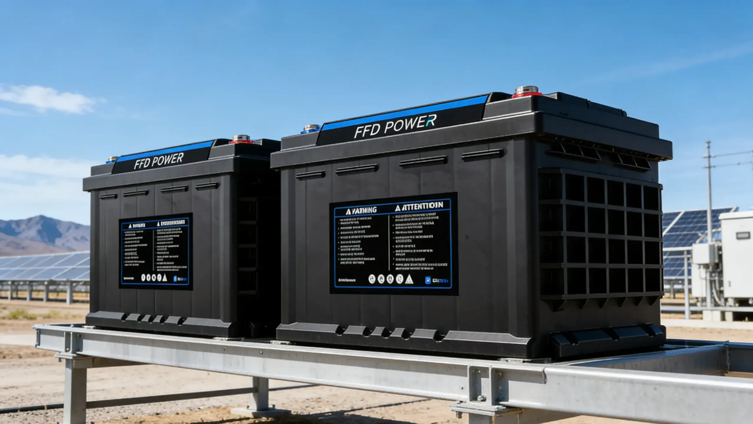 Zwei FFD POWER Batterien im klassischen Format auf einer Halterung montiert, im Freien vor einem Solarpark in Wüstenlandschaft
