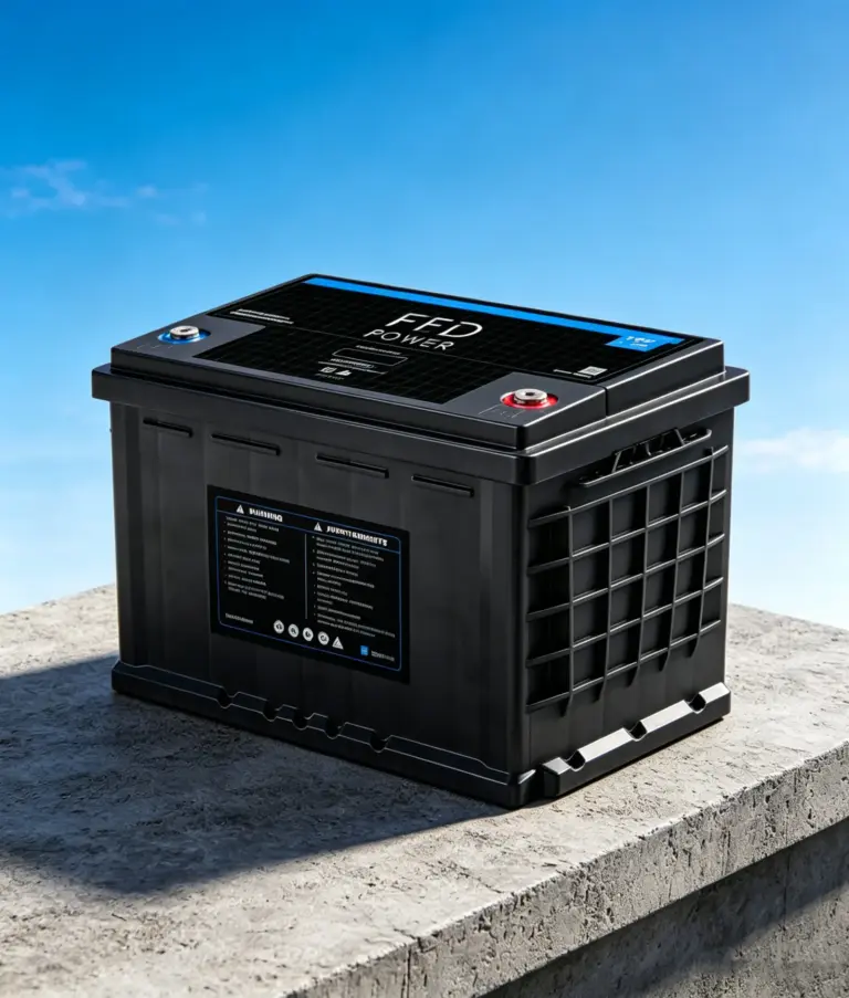 FFD POWER Batterie im klassischen Format freigestellt auf einem Betonsockel vor blauem Himmel