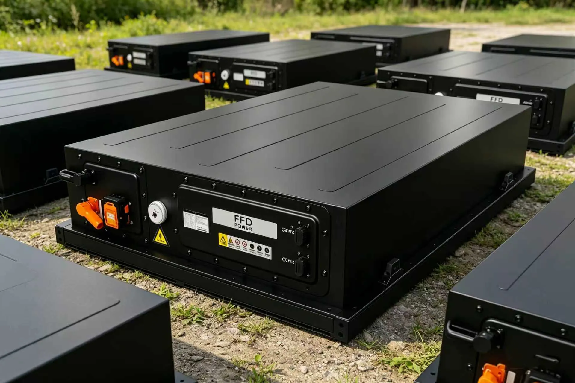 Mehrere einzelne FFD POWER Batteriemodule im Freien auf einem Kiesboden zwischen Grünflächen verteilt