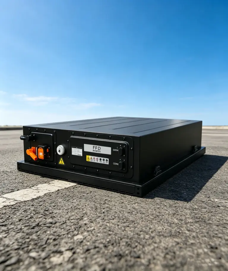 FFD POWER Batteriemodul im Freien auf einer Asphaltfläche vor blauem Himmel