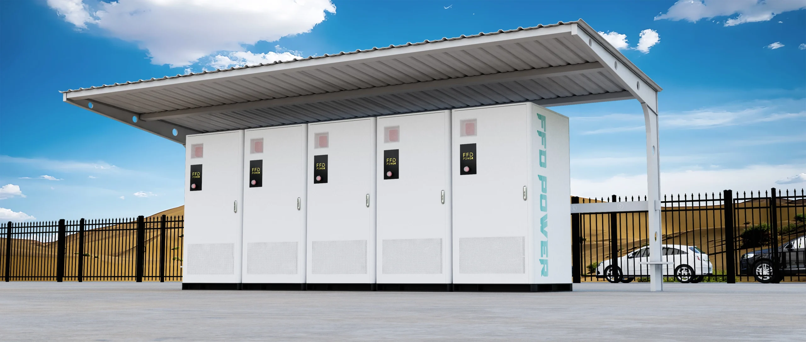 3D-Illustration von fünf FFD POWER Batterieschränken unter einem Schutzdach auf umzäuntem Gelände in Wüstenlandschaft