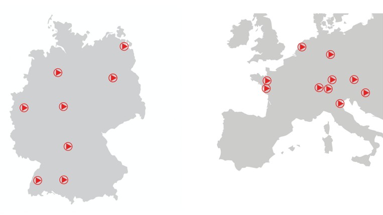 Kartengrafik mit Standortmarkierungen von AVS-Serviceniederlassungen in Deutschland und Europa