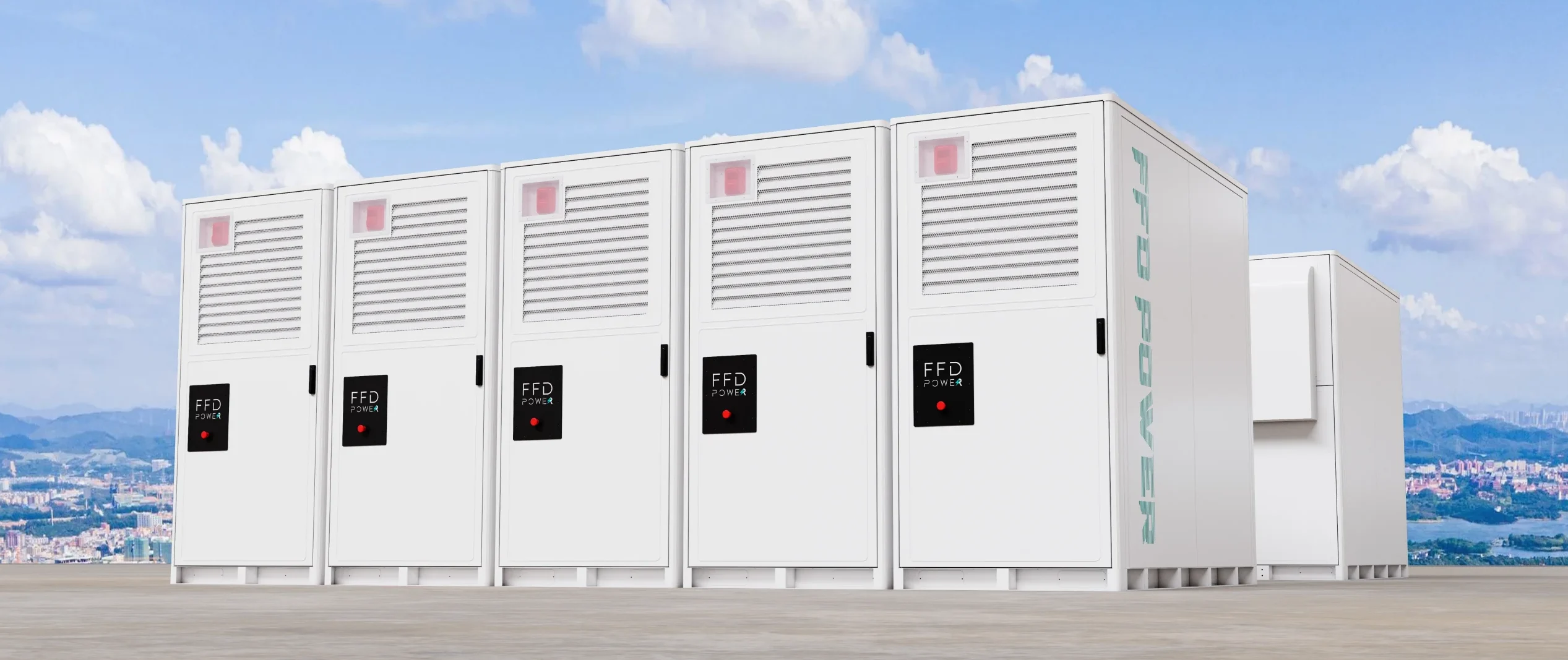 3D-Illustration einer Reihe von sechs FFD POWER Batterieschränken vor einer stilisierten Stadtkulisse