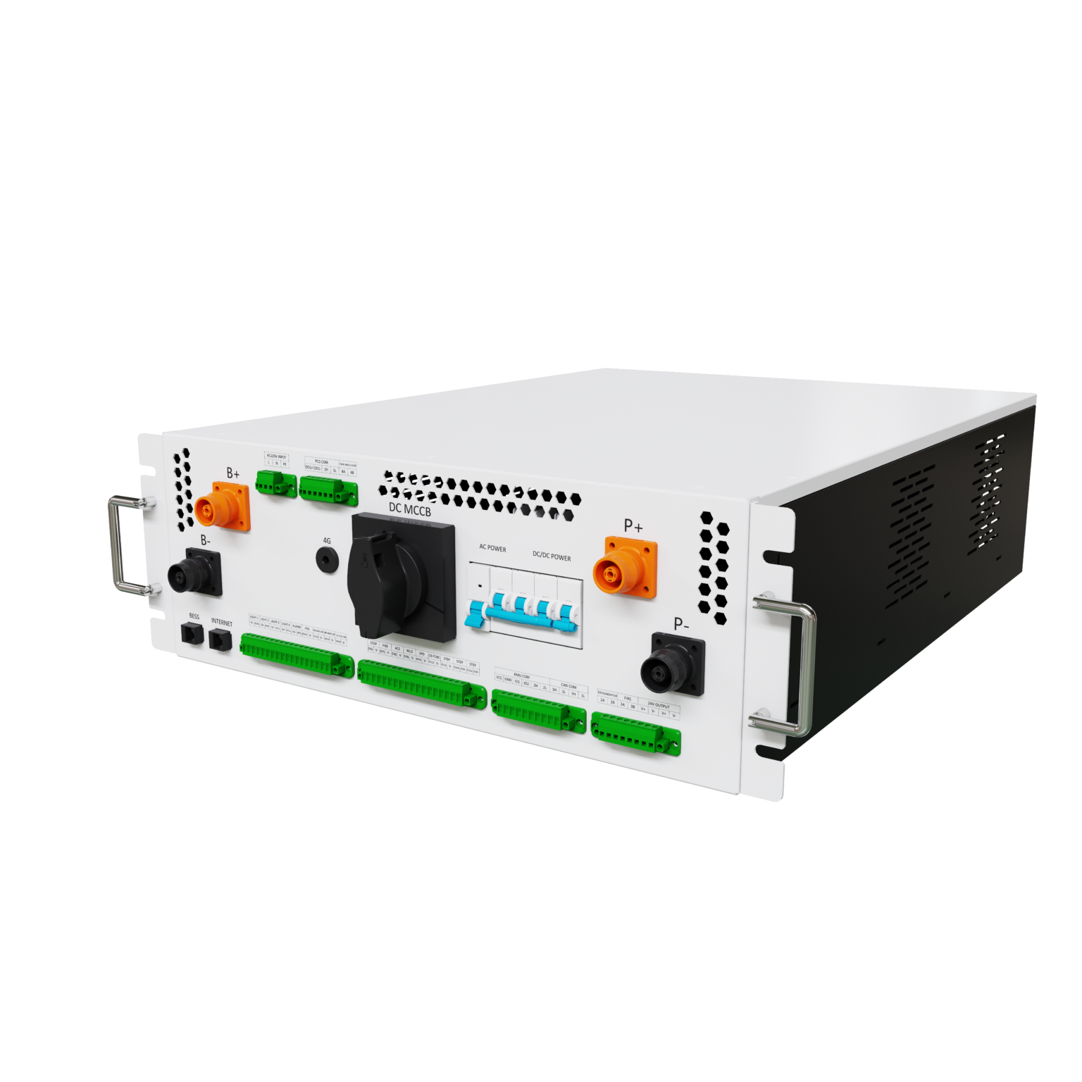 HV-Box Rack-Einschub freigestellt mit DC-Anschlüssen (B+/B-, P+/P-), DC-Lasttrennschalter und mehreren Klemmleisten für Kommunikation und Steuerung