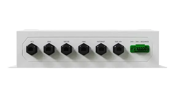 FFD POWER ANYPORT-Anschlussmodul in Frontalansicht mit beschrifteten Ports für PCS, BMS, Meter, HMI, Internet und EMS API