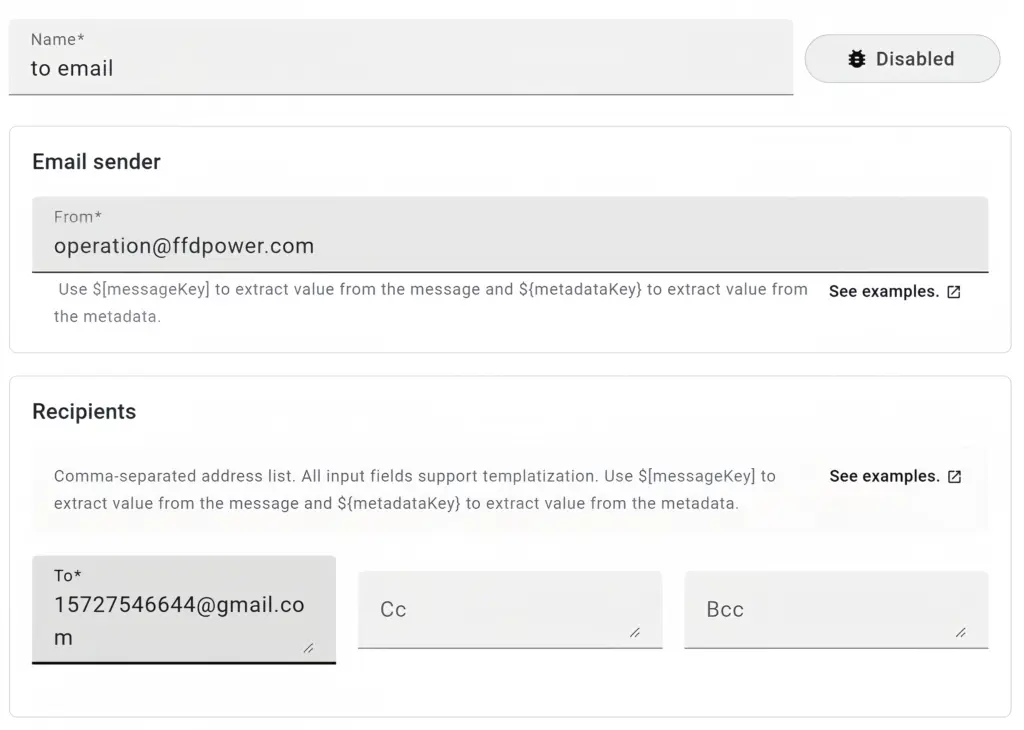BESSMEN-Software-Screenshot: Konfiguration einer E-Mail-Benachrichtigung mit Absender- und Empfängereinstellungen