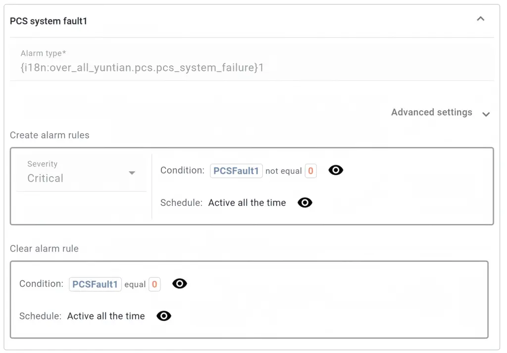 Screenshot der BESSMEN-Alarmkonfiguration: Regel für den Fehleralarm „PCS system fault1“ mit Auslöse- und Löschbedingung