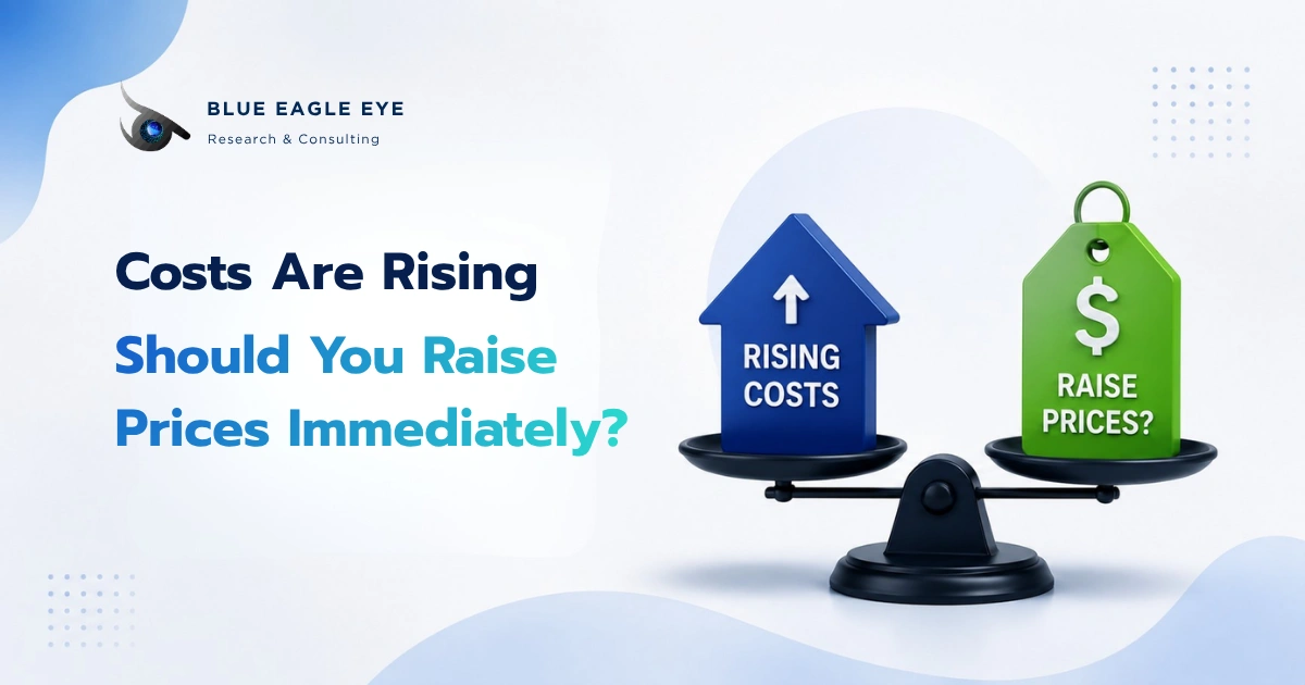 Balance scale comparing rising business costs with customer demand and market factors for an SME pricing decision.
