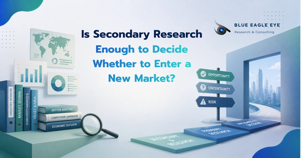 Secondary research on market size, competitors, and economic outlook being assessed before deciding whether to enter a new market.