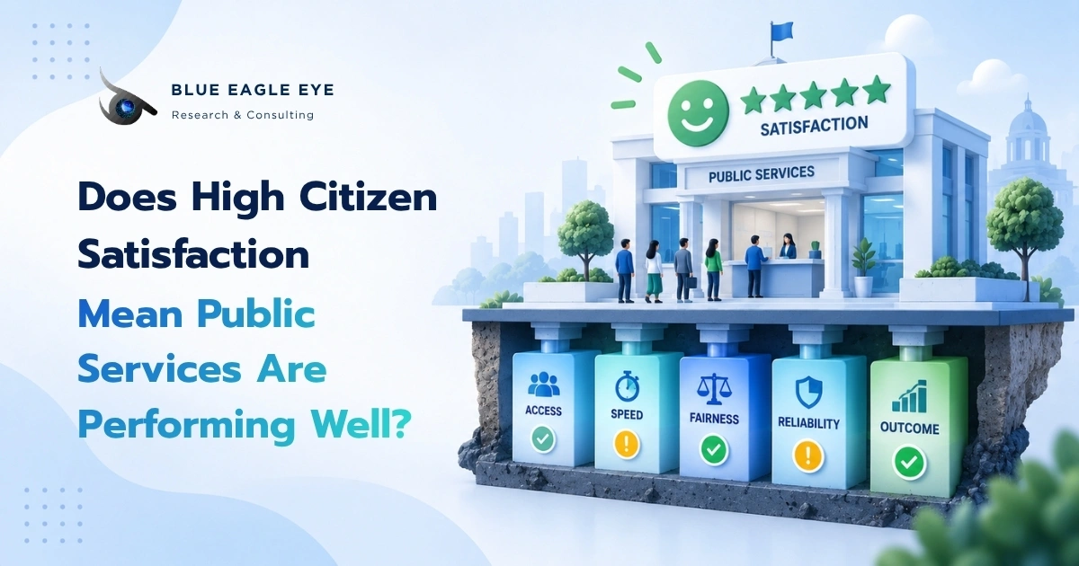 High citizen satisfaction being compared with access, speed, fairness, reliability, and outcomes to assess public service performance.