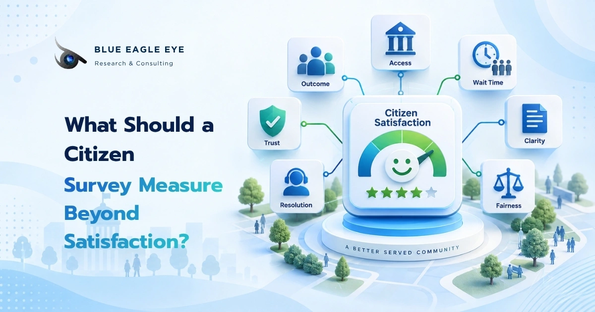 Citizen survey framework measuring satisfaction alongside access, wait time, clarity, fairness, trust, resolution, and service outcomes.