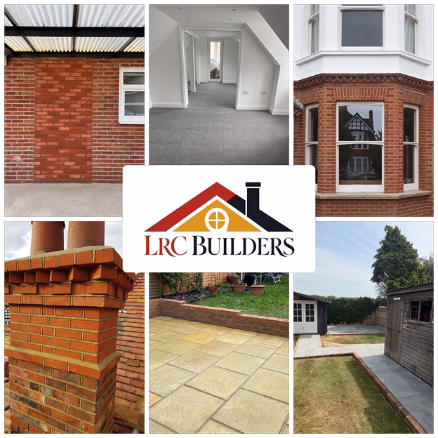 Collage of LRC Builders projects: brick extension, loft conversion, rebuilt chimney, sandstone patio and garden wall.
