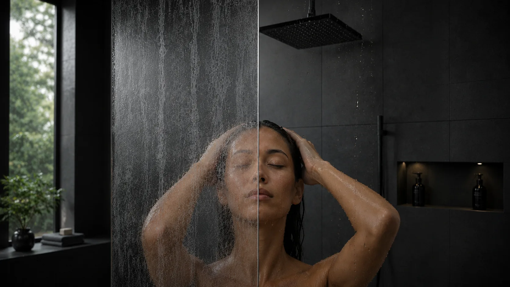 Shower glass comparison: uncoated glass with water streaks beside clear SurfaLux-coated glass