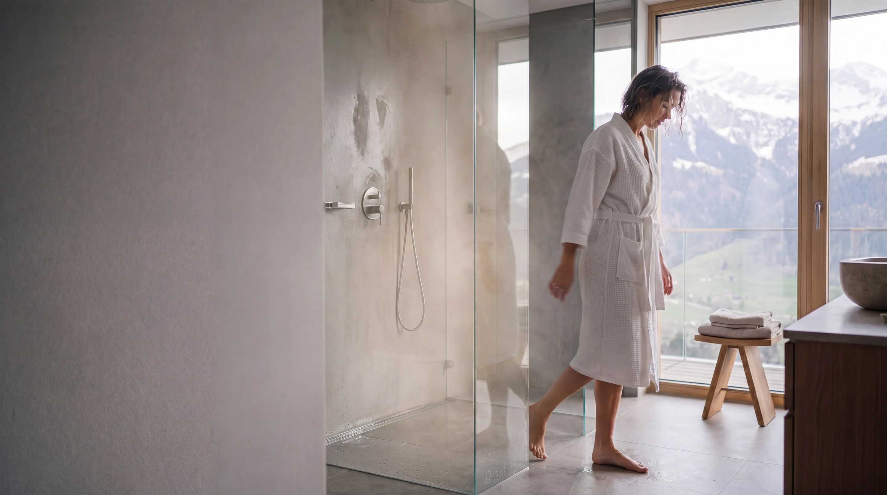 Woman in a bathrobe stepping out of a frameless glass shower with a mountain view