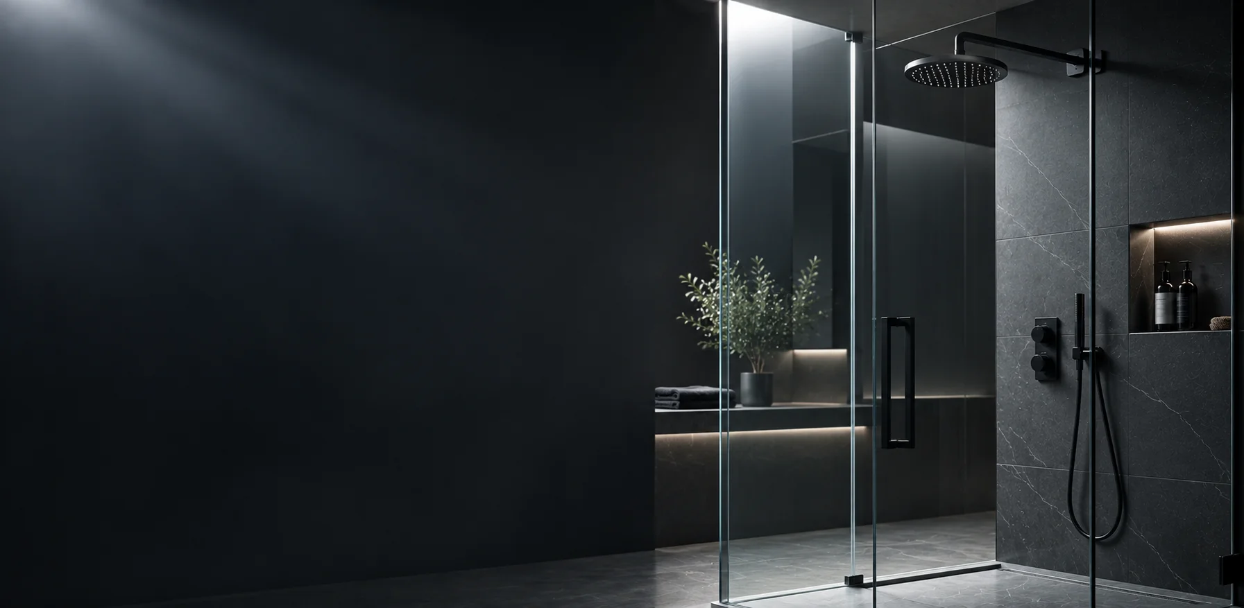 Frameless glass shower enclosure in a dark stone bathroom with a rainfall shower head