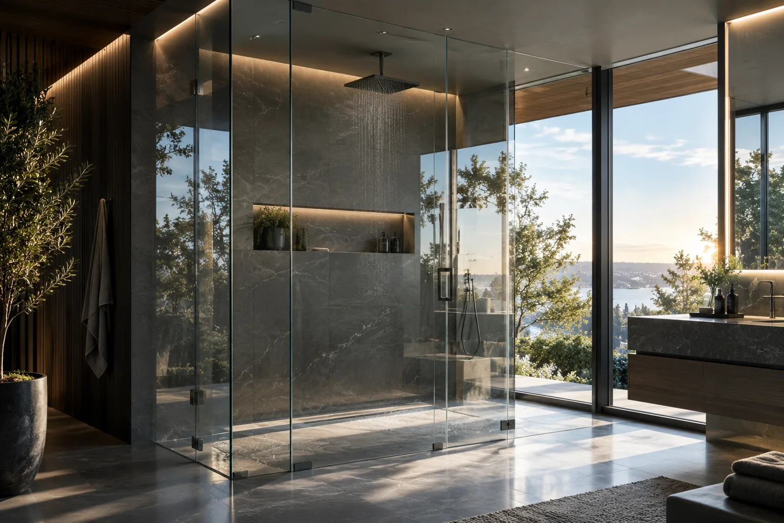Frameless glass shower enclosure with a rainfall shower in a modern stone bathroom