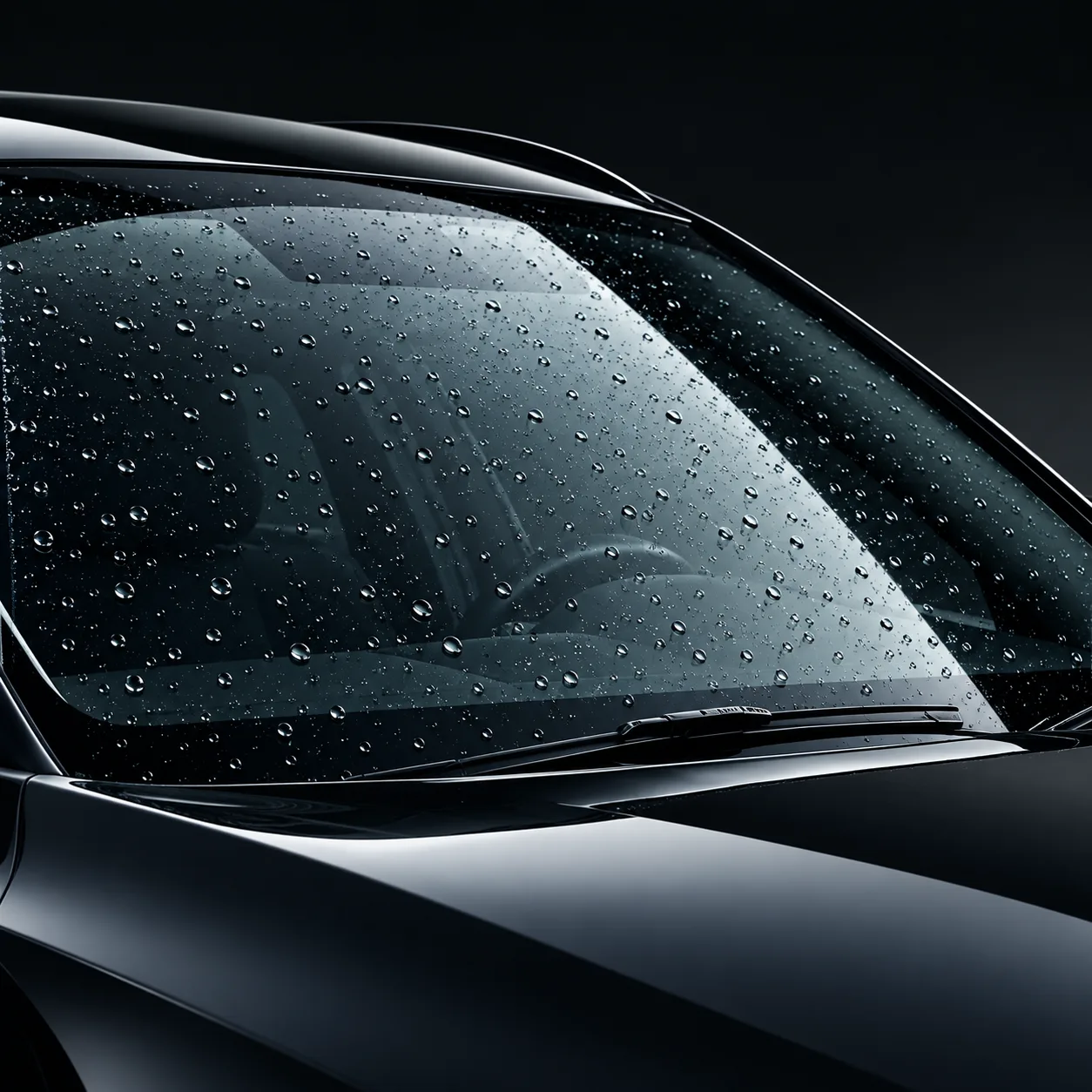 Rain droplets beading on a coated car windshield