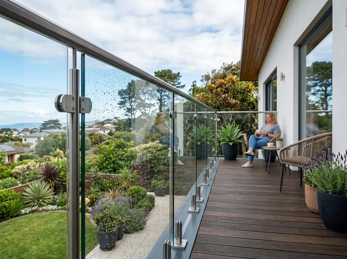 Glass balcony railing with water droplets on a sunny deck overlooking a garden