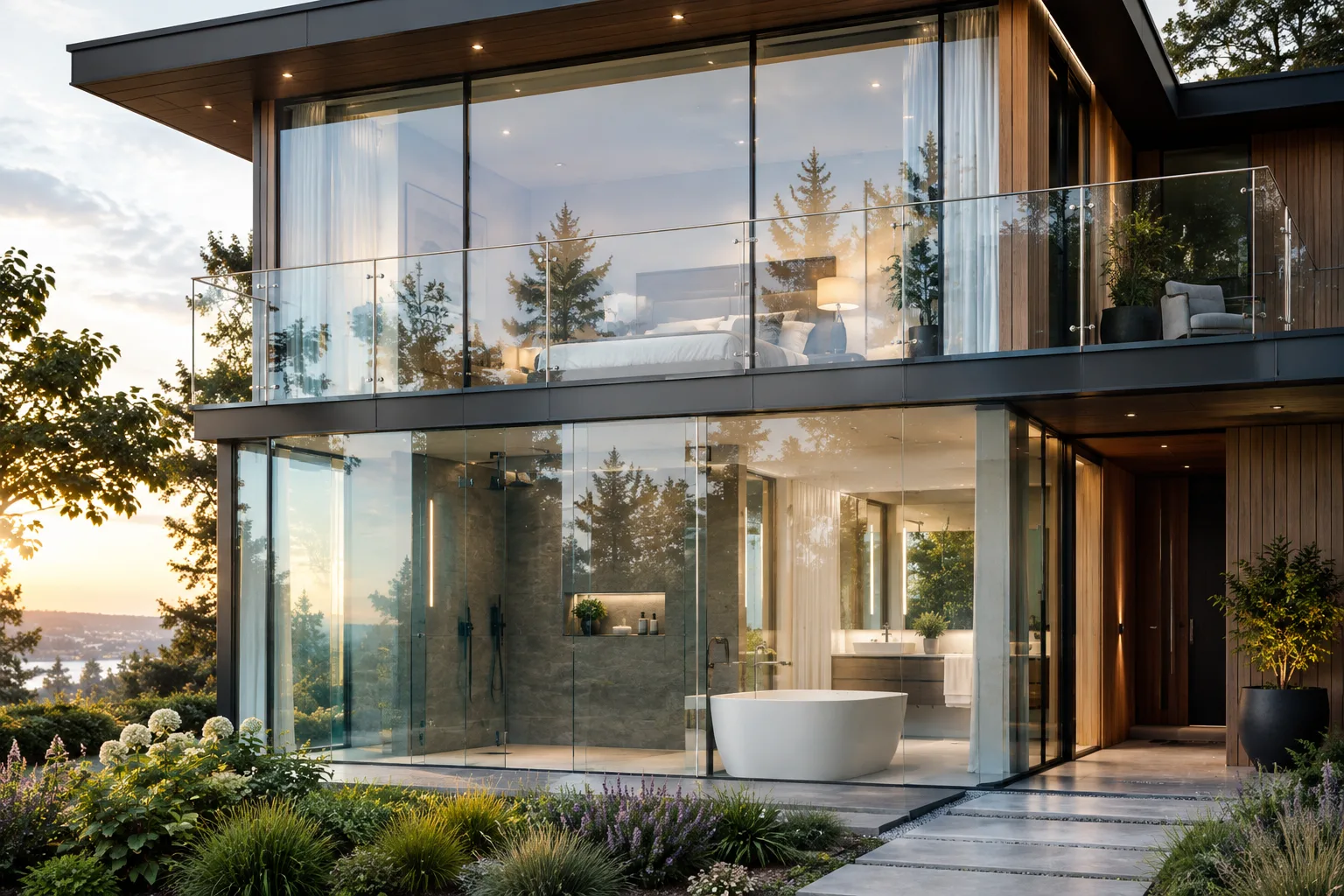 Modern home with floor-to-ceiling glass windows and a glass balcony at sunset