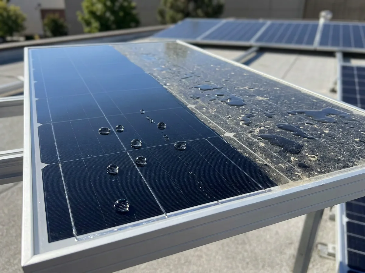 Water beading on a coated solar panel compared with an uncoated section