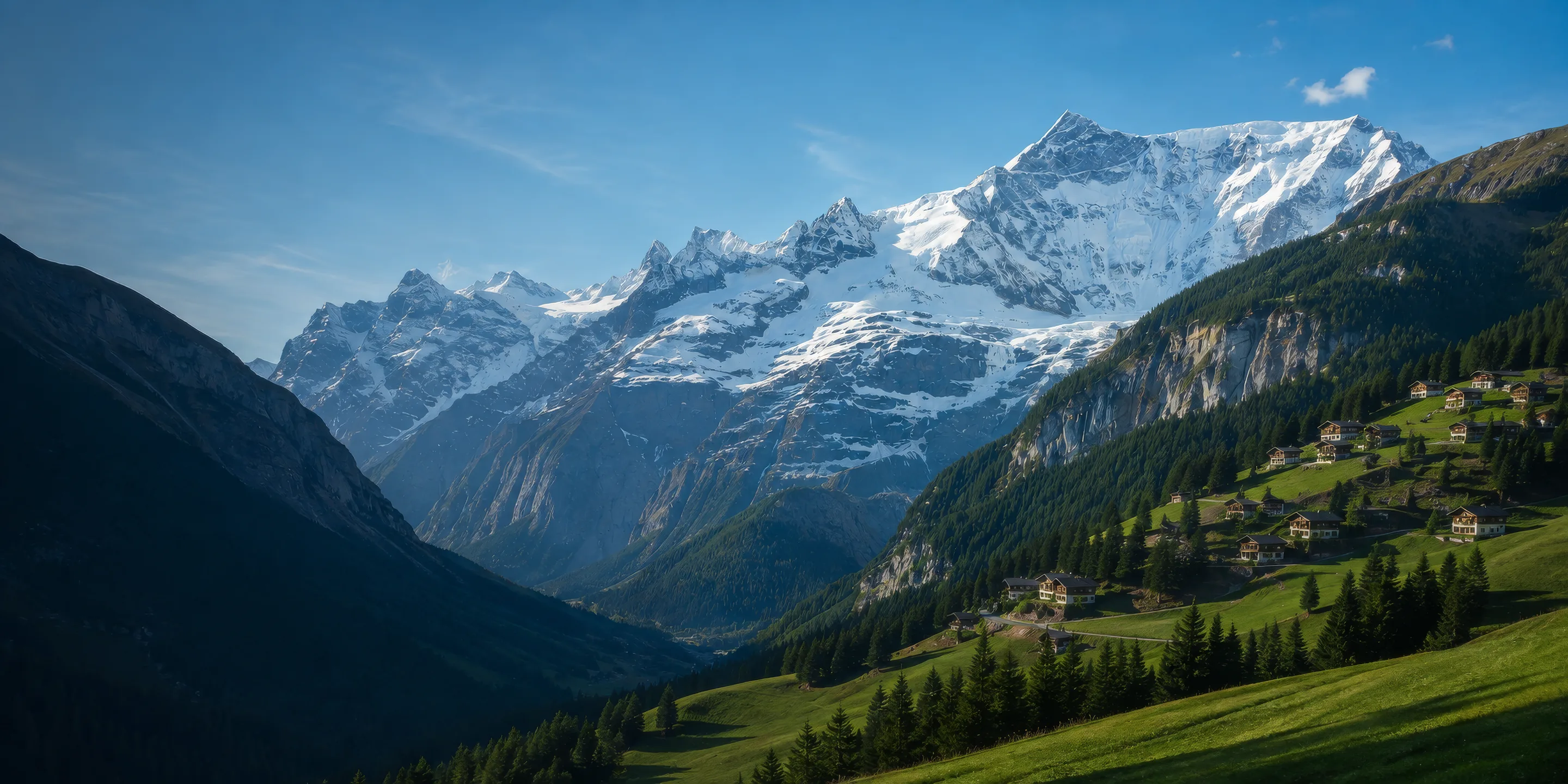 Snow-capped Swiss Alps above a green valley with a small village