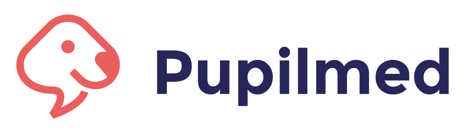 Logo firmy Pupilmed z ikoną konturu psa w kolorze czerwonym obok nazwy firmy w ciemnoniebieskim kolorze.