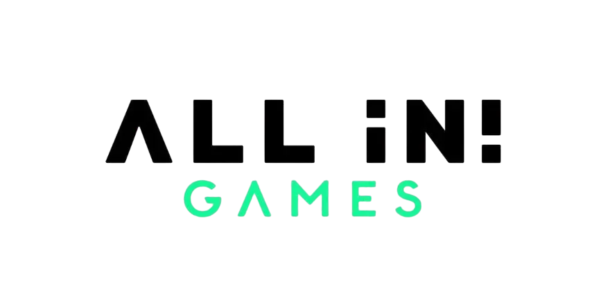Logo firmy All In! Games z napisem ALL iN! w czarnym kolorze oraz słowem GAMES w zielonym na białym tle.