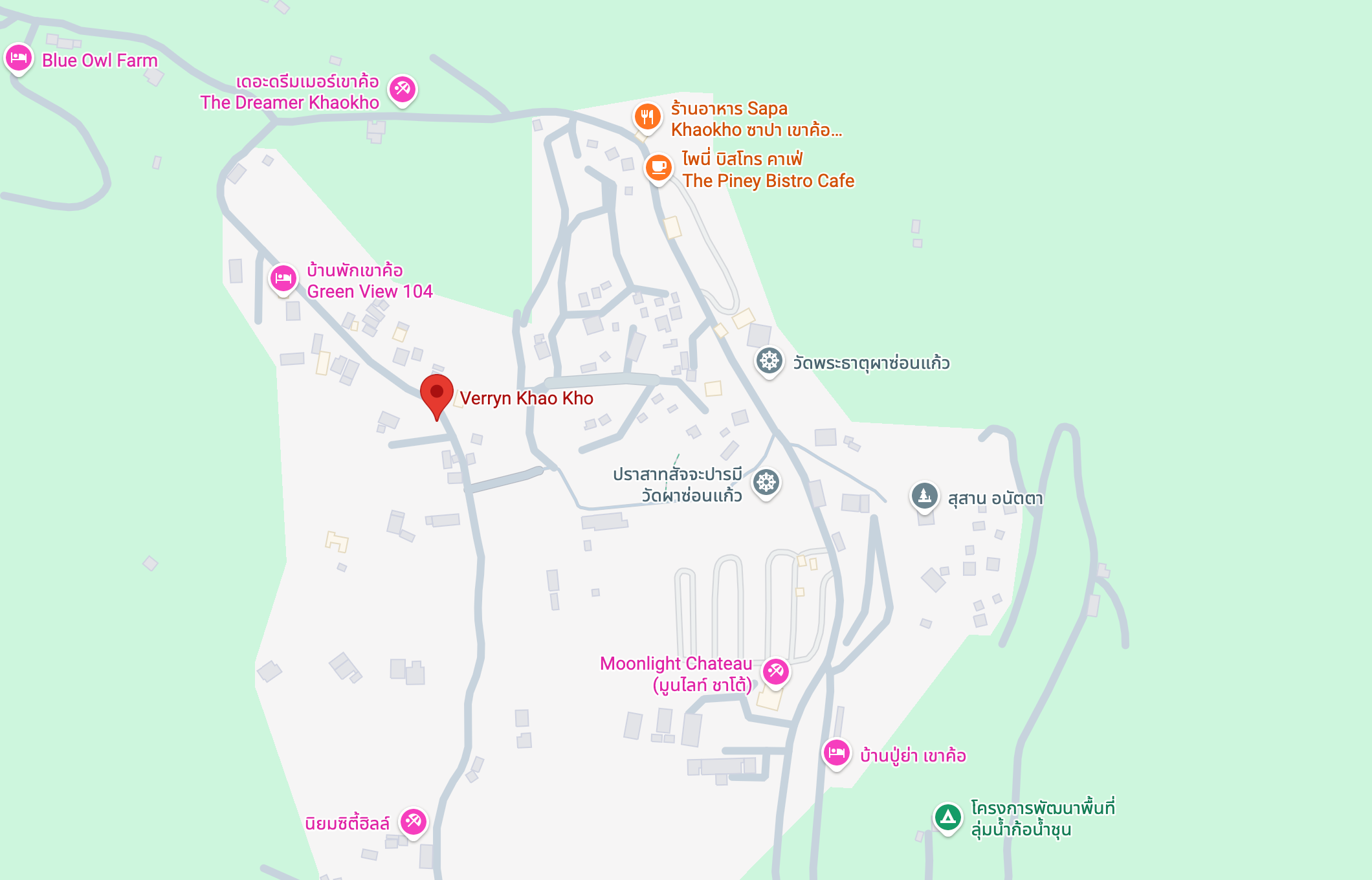 Map showing Verryn Khao Kho’s location near Wat Phra That Pha Sorn Kaew and nearby restaurants and accommodations in Khao Kho.