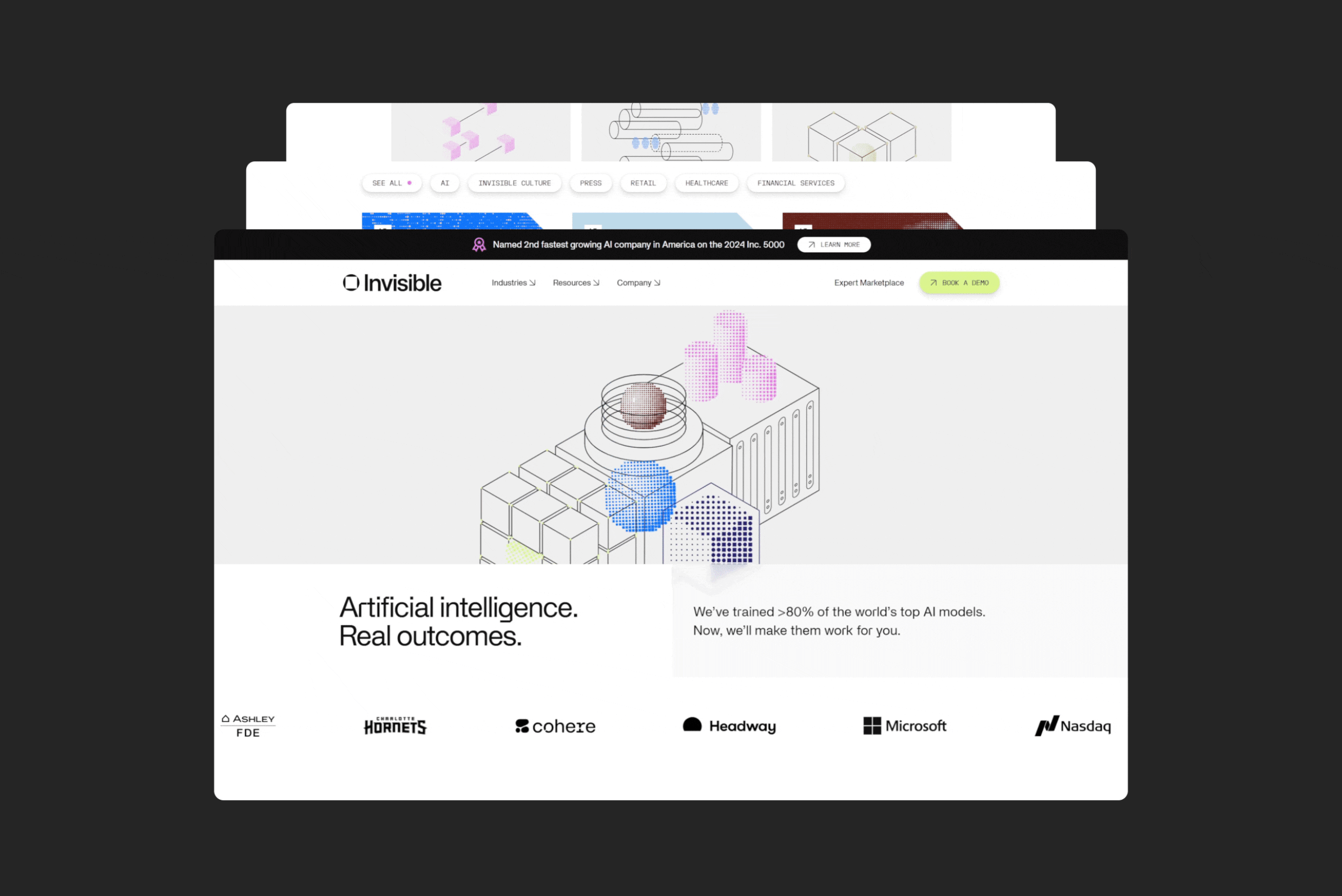 Layered website screens showcasing colorful AI-themed visuals for Invisible.